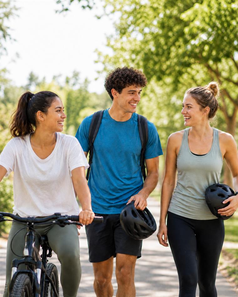 Jóvenes paseando en bicicleta por el parque