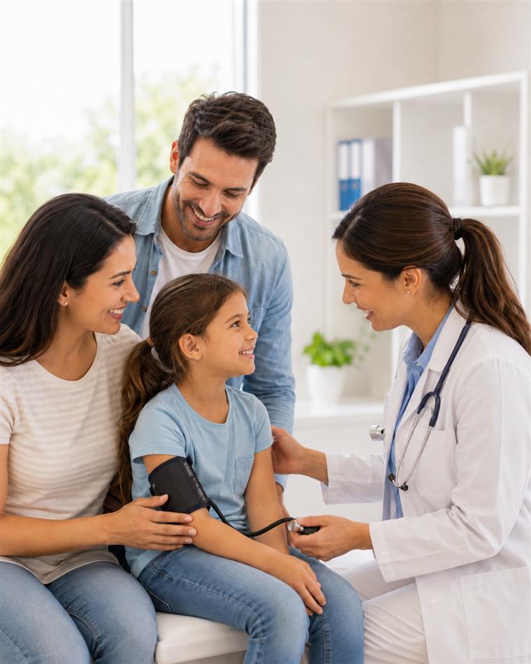Médica atendiendo a una nena acompañada por sus padres en el consultorio