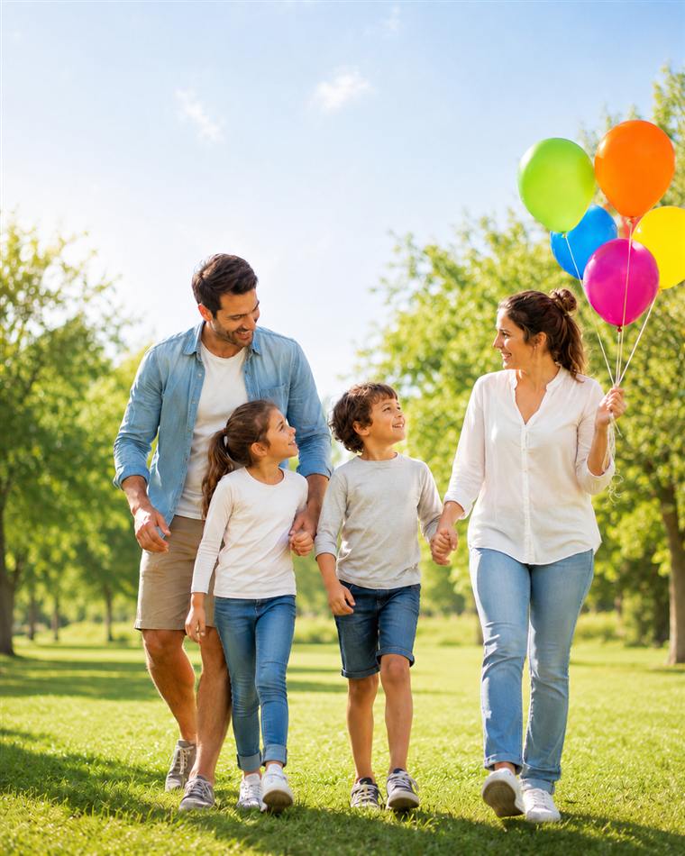 Familia caminando por el parque con globos de colores