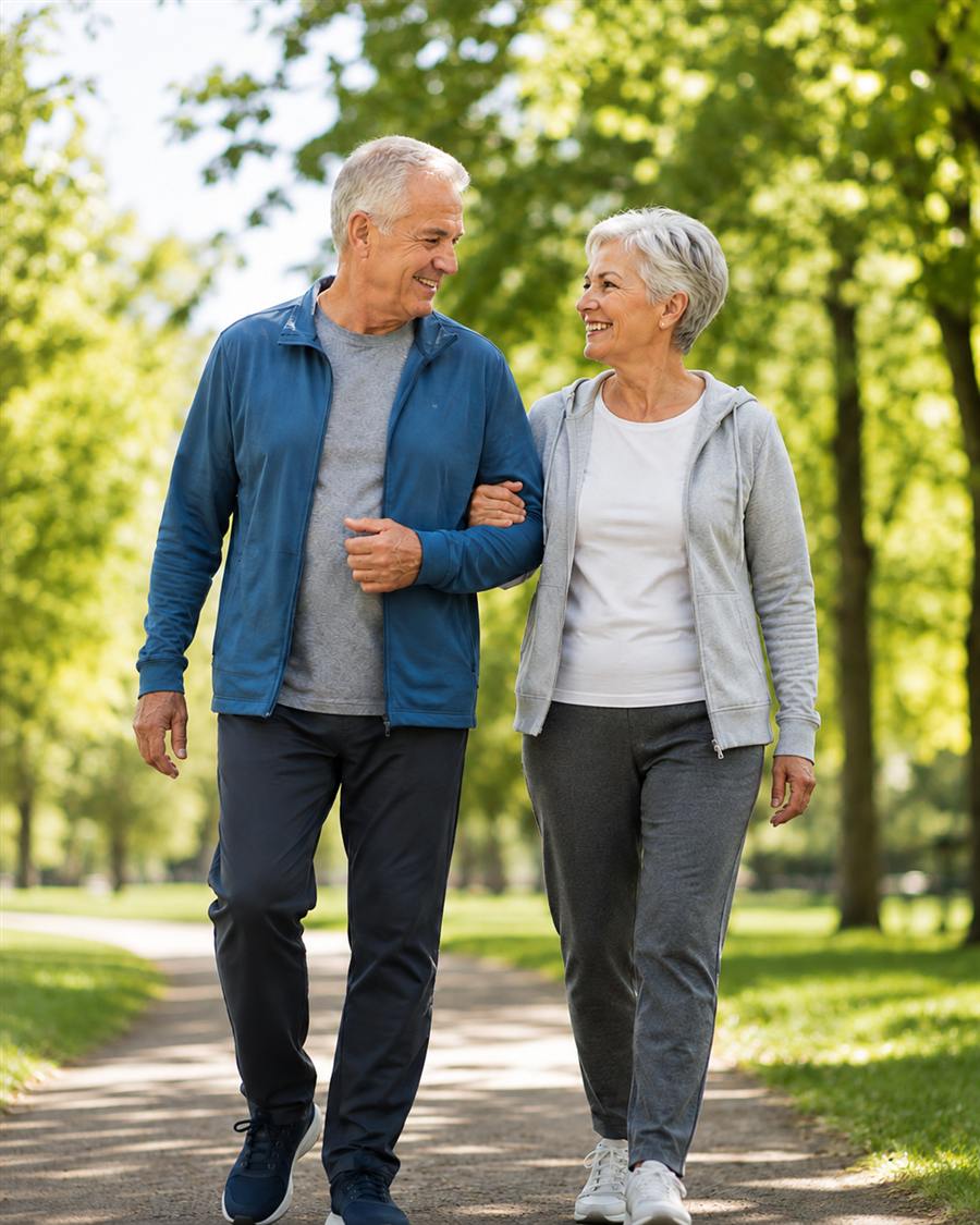 Pareja mayor caminando del brazo por un parque