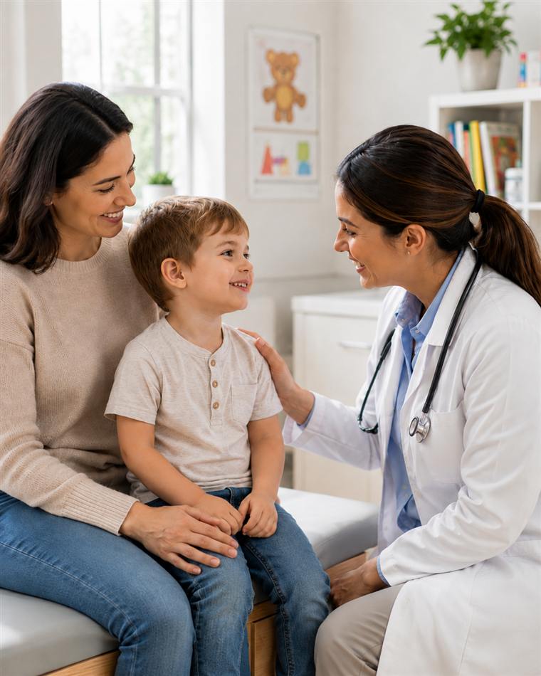 Pediatra conversando con un nene y su mamá en la consulta